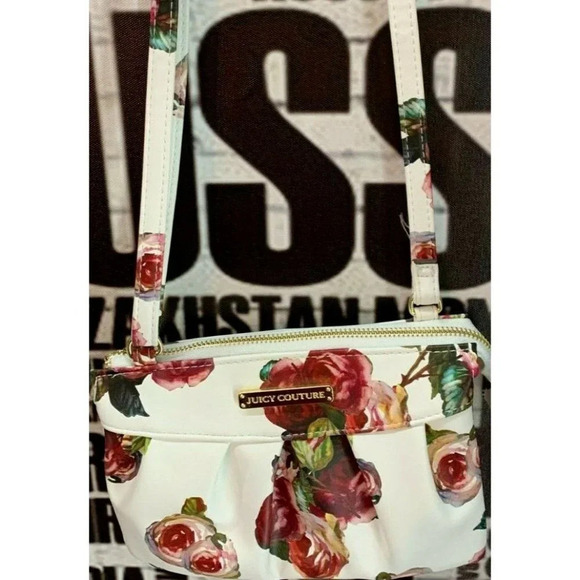Juicy Couture White Rose Print Petite Pleated Front Top Zip Crossbody Handbag - Picture 2 of 5